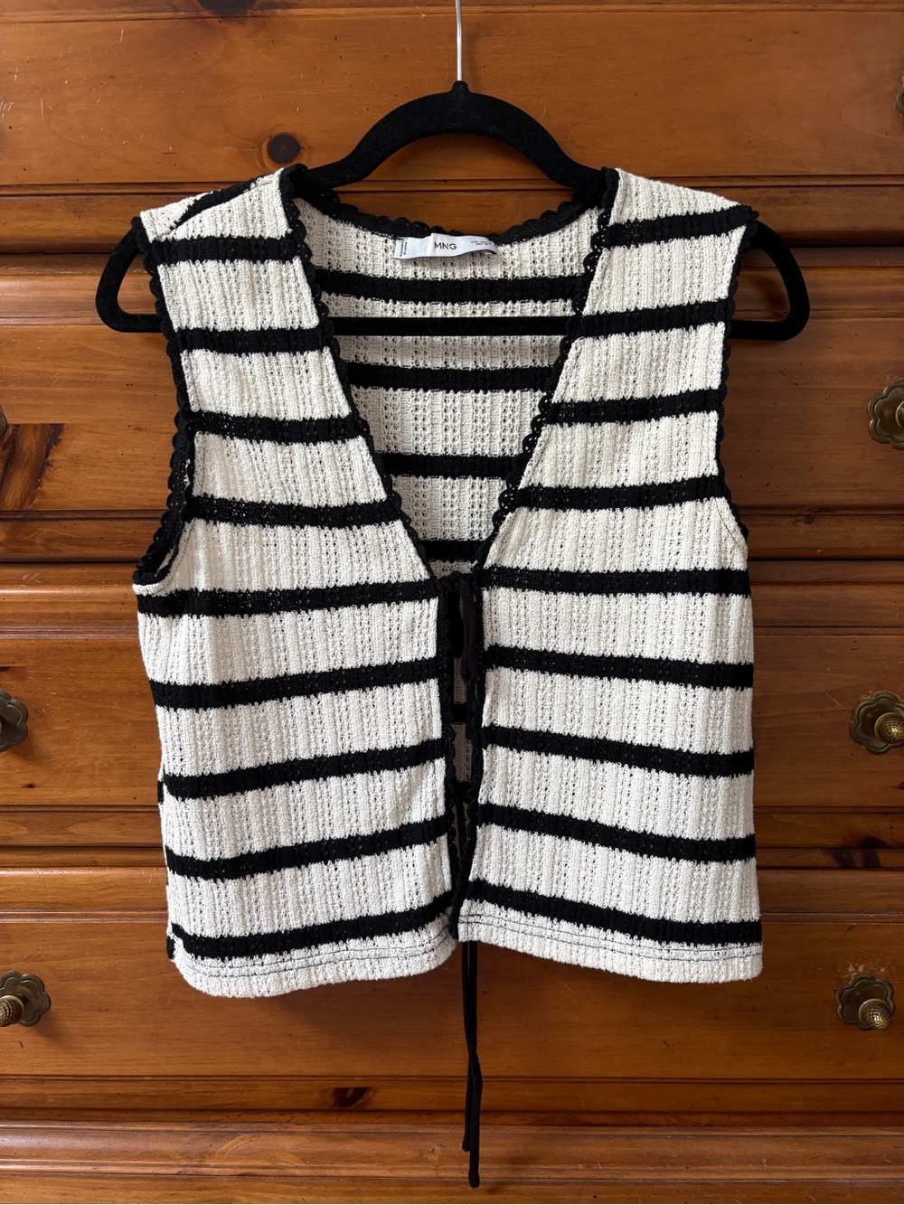 Mango Black & Cream Striped Knit Tie-Front Vest